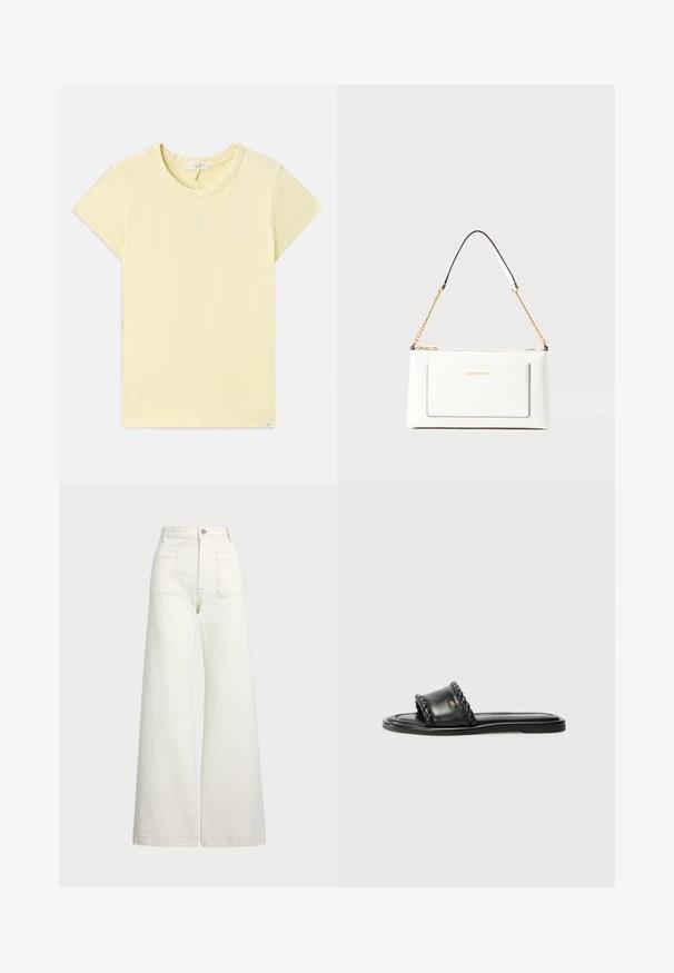 Lichtgele T-shirt met korte mouwen, ronde hals, zachte textuur, standaard pasvorm en een klein merkembleem nabij de zoom.; Wijd-zit jeans van off-white denim. Hooggaande taille met een knoopsluiting, twee voorzakken en contrasterende stikdetails.; Zwarte leren sandaal met een geweven riemdetail, platte zool en een strak ontwerp. Gladde textuur en minimalistisch profiel.; Witte leren handtas met een textuurafwerking, voorzien van een gouden schouderhengsel en zwarte accenten. Inclusief een voorvak en ritssluiting.
