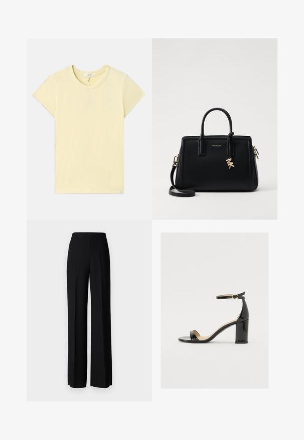 T-shirt jaune clair à manches courtes avec un col rond, texture douce, coupe standard et une petite étiquette de marque près de l'ourlet.; Pantalons noirs à jambes larges avec une texture lisse, dotés d'une taille haute et de plis centraux. Pas de motifs visibles ni de détails en matériel.; Sandale en cuir verni noir avec un large talon, orteils ouverts et une bride de cheville ornée d'une boucle en or. Texture lisse et design épuré.; Sac à main en cuir noir avec un design structuré, deux poignées supérieures, une bandoulière amovible, des accessoires en or et un pendentif avec le logo.