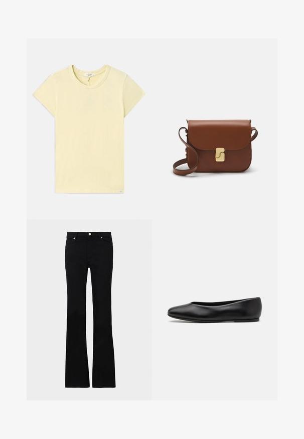 Light yellow short-sleeve t-shirt with a round neckline, soft texture, standard fit, and a small brand tag near the hem.; Black flared jeans made of denim, featuring two front pockets, a button closure, and a smooth texture. Signature stitching visible at seams.; Paul Smith TOPANGA - Ballet pumps - black; Brown leather handbag with a flap closure, gold-tone hardware, a shoulder strap, and a smooth texture. Compact rectangular shape.