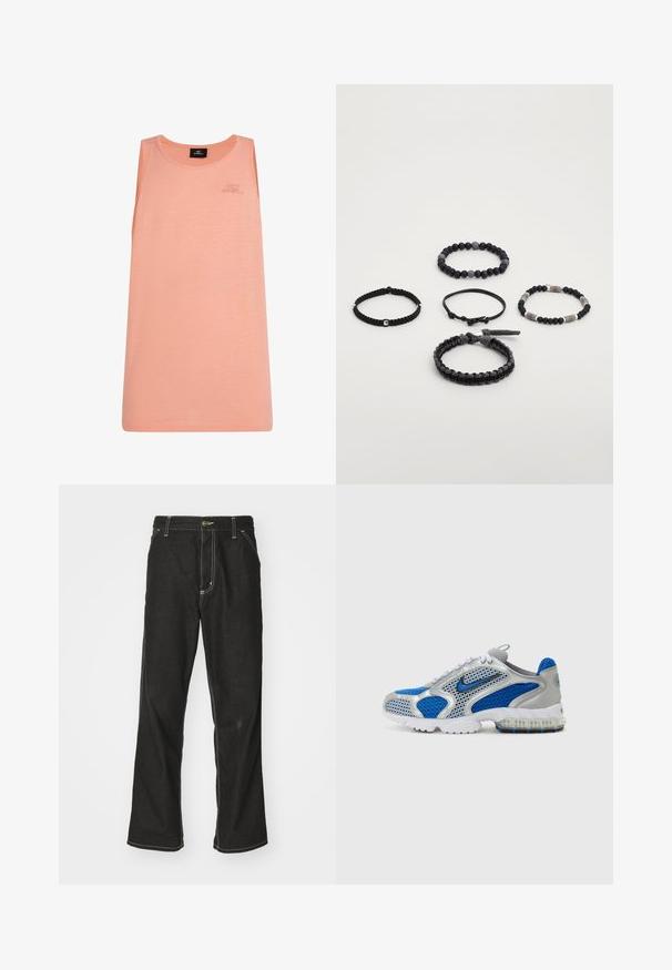 Perzikkleurige tanktop gemaakt van lichtgewicht stof, met een ronde halslijn en zonder mouwen. Subtiele O'Neill-logo op de voorkant.; Zwarte denim jeans met een losse pasvorm, voorzien van contrasterende witte stiksels, een knoopsluiting en een recht ontwerp.; Blauwe en zilveren sportschoenen met meshpanelen, een gevoerde kraag en een doorzichtige zool met blauwe accenten. Contrasterende veters maken het ontwerp af.; Vijf zwarte armbanden in verschillende stijlen: eentje met kralen, eentje met accenten, gevlochten texturen en verstelbare ontwerpen, tegen een witte achtergrond.