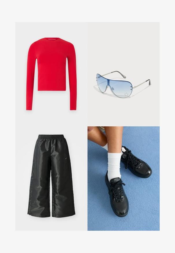 Piros, hosszú ujjú, testhez simuló, környakas rövid felső, sima textúrával, egyszerű világos háttér előtt bemutatva.; Fekete sportnadrág fényes, sima anyagból, rugalmas derékkal, széles lábakkal és egy kis logóval a bal oldalon.; Fekete Nike sportcipők textúrázott felsőrésszel, fényes részletekkel és kerek fűzőkkel rendelkeznek. Ezek fehér bordázott zoknikkal vannak párosítva egy világos kék felületen.; Pilóta napszemüveg, melynek áttetsző kék lencséje, ezüst fém kerete és díszes csillag díszítések találhatók a lencsén. Simogató és elegáns dizájn.