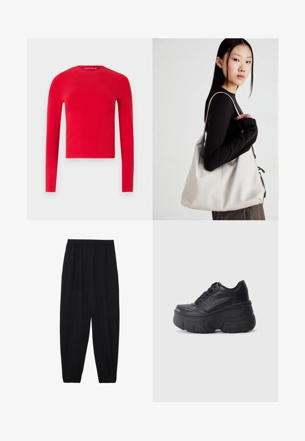 Rotes, langärmeliges, figurbetontes Crop-Top mit Rundhalsausschnitt und glatter Textur, vor einem einfarbigen hellen Hintergrund gezeigt.; Schwarze, leichte Hosen mit einem elastischen Bund und gerafften Knöcheln. Der Stoff ist glatt und hat ein entspanntes, schmal zulaufendes Design.; Schwarze Schnürsneaker mit einer klobigen Sohle, ausgestattet mit einem glatten Leder-Obermaterial, runder Zehenpartie und markantem, geschichteten Plattformdesign.; Beige Handtasche aus weichem Material, mit einem lässigen Design, gesteppten Details und zwei Schulterriemen. Geeignet für den täglichen Gebrauch.