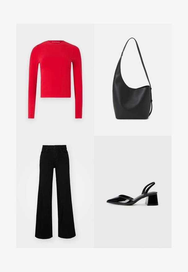 Top corto aderente a maniche lunghe rosso con scollo a girocollo e texture liscia, esposto su uno sfondo chiaro uniforme.; Pantaloni neri a gamba larga in denim, con una vita strutturata, passanti per la cintura e tasche frontali. Texture liscia con un design classico.; Décolleté in vernice nera con punta affusolata e tacco in geometria cubica. Presentano un design elegante e minimalista, con una texture liscia.; Borsa hobo nera in pelle con una superficie liscia, forma curvata e una singola tracolla regolabile; presenta un'ampia apertura nella parte superiore.