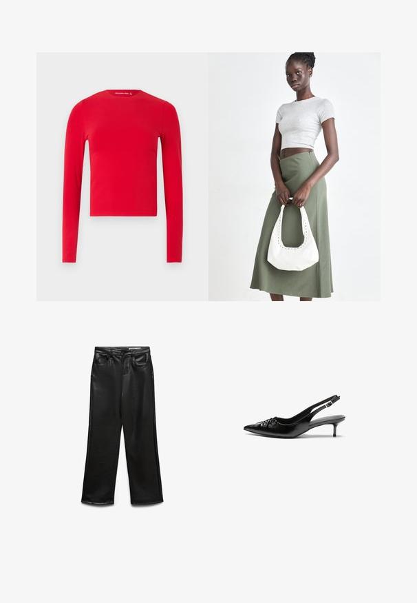 Red long-sleeve fitted crew neck crop top with smooth texture, displayed against a plain light background.; Black faux leather wide-leg pants with front pockets, belt loops, and subtle sheen. Smooth texture and tailored fit.; Black leather slingback heels with a pointed toe, small kitten heel, and a decorative knot detail on the front. Smooth texture throughout.; Gray ribbed crop top and olive green high-waisted skirt. Model holds a white shoulder bag with cut-out detailing. Simple design, fitted silhouette.