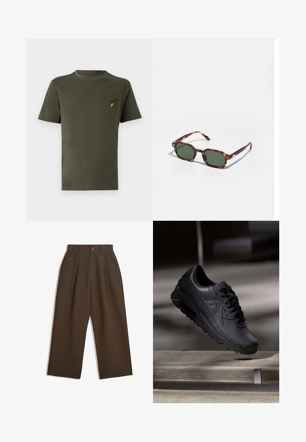 Oliwkowy bawełniany t-shirt z okrągłym dekoltem, krótkimi rękawami i kieszonką na lewym piersi. Zawiera małe żółte logo. Gładka faktura.; Koszula z krótkim rękawem, ciemnobrązowa, wykonana z fakturowanej tkaniny. Posiada zapięcie na guziki z przodu oraz dwie kieszenie na piersi. Casualowy design z luźnym krojem.; Brązowe spódnie z plisami w szerokim kroju, z zapięciem na guziki i bocznymi kieszeniami, wykonane z teksturowanej tkaniny, idealne na codzienne okazje.; Czarne sneakersy Nike Air Max z teksturowaną skórzaną cholewką, gumową podeszwą i wyraźnym systemem sznurowania, prezentujące nowoczesny, elegancki design.; Okulary przeciwsłoneczne w kolorze żółwim z zielonymi soczewkami, o ośmiokątnym kształcie i cienkich, zakrzywionych ramionach. Materiał ma błyszczące wykończenie.