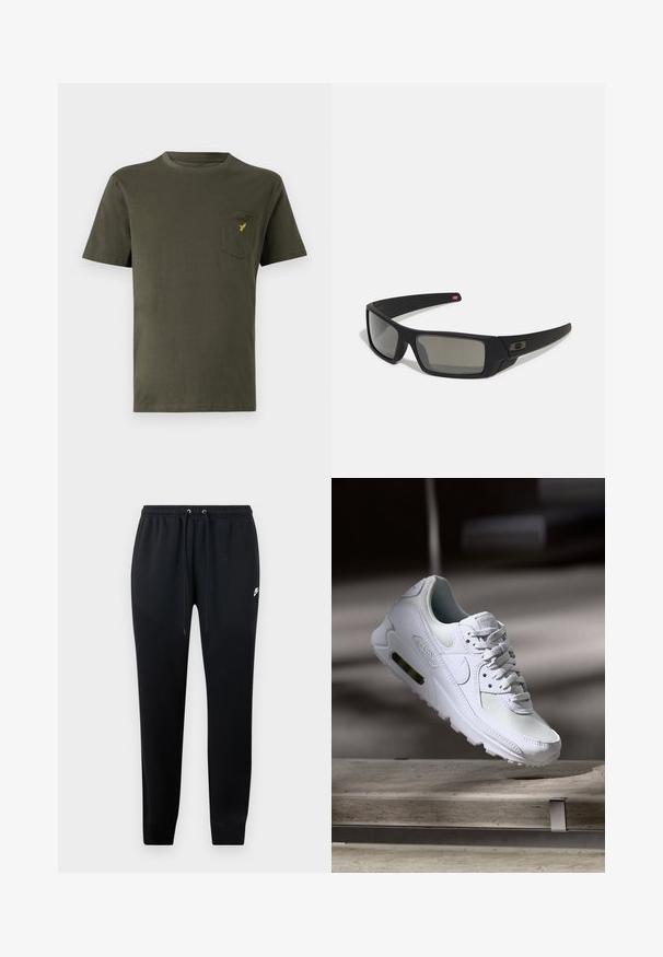 Olivovo zelené bavlnené tričko s okrúhlym výstrihom, krátkymi rukávmi a ľavým vreckom na hrudi, na ktorom je malé žlté logo. Hladká textura.; Čierne teplákové nohavice z mäkkej tkaniny, s elastickým pásom na šnúrky, s manžetami na členkoch a malým logom na boku.; Biele tenisky Nike Air Max 90 s vrchnou časťou z kože a sieťoviny, perforovanou špičkou a viditeľnou vzduchovou jednotkou v päte.; Čierne slnečné okuliare s matným povrchom, obdĺžnikové šošovky, mierna krivka na straničkách, nenápadný detail loga a šošovky so zafírovaným tónovaním.