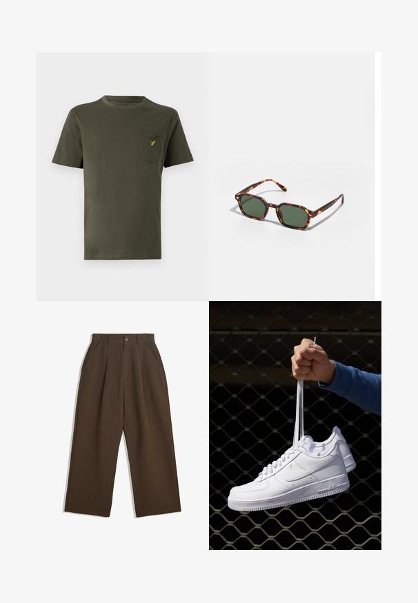 T-shirt in cotone verde oliva con collo tondo, maniche corte e taschino sul lato sinistro del petto con un piccolo logo giallo. Texture liscia.; Pantaloni a pieghe marroni con taglio a gamba larga, dotati di chiusura con bottone e tasche laterali, realizzati in tessuto testurizzato adatto per un abbigliamento casual.; Sneakers in pelle bianca con perforazioni, punta rotonda, suola piatta e lacci spessi, con logo swoosh visibile e "AIR" sul tallone.; Occhiali da sole tartarugati con lenti verdi, dotati di una forma ottagonale e bracci sottili e curvi. Il materiale ha una finitura lucida.