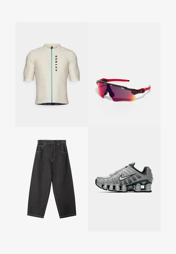 Ljetna biciklistička majica kratkih rukava u svijetlo bež boji s plavim patentnim zatvaračem sprijeda, s vertikalnim crnim logotipom "OAKLEY" i elastičnim rubom za sigurno pristajanje.; Crne traperice širokih nogavica s žutim šavovima, dizajnom s pet džepova i srednjim strukom. Teksturu s glatkom površinom.; Sive i crne Nike trkaće cipele s vidljivim opružnim jastučićem ispod đona i bijelim swoosh logotipom sa strane.; Oakley RADAR PATH UNISEX - Sunčane naočale - 100t matte black