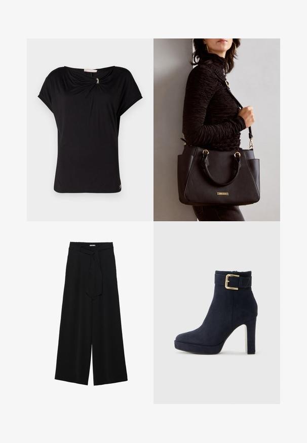 Maglietta nera a maniche corte con scollo arricciato, caratterizzata da un accento decorativo argento al centro. Tessuto morbido con una vestibilità comoda.; Pantaloni neri a gamba larga caratterizzati da un tessuto testurizzato, una vita elastica e una cintura staccabile per una vestibilità regolabile.; Stivale alla caviglia in suede nero con tacco a spillo, dotato di una fibbia dorata e un tacco massiccio, su sfondo bianco semplice.; Borsa nera con superficie texturizzata, manici superiori doppi e tracolla regolabile. Dotata di hardware color oro e tasche laterali.
