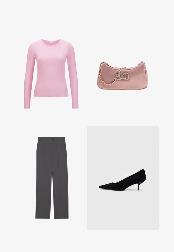 Rich & Royal Top s dlhým rukávom - rose quartz; Sivé nohavice so striha priamo, s dvoma bočnými vreckami a gombíkovým zapínaním. Hladká tkanina bez viditeľných vzorov alebo akcentov.; Čierne semišové lodičky s špicatou špičkou a úzkym, nízkym opätkom. Hladká textura s elegantným dizajnom, bez viditeľných kovových súčiastok.; Ružová saténová kabelka so zlatým reťazovým popruhom a výrazným logom zdobeným kryštálmi na prednej strane. Hladká textúra a zaoblený tvar.