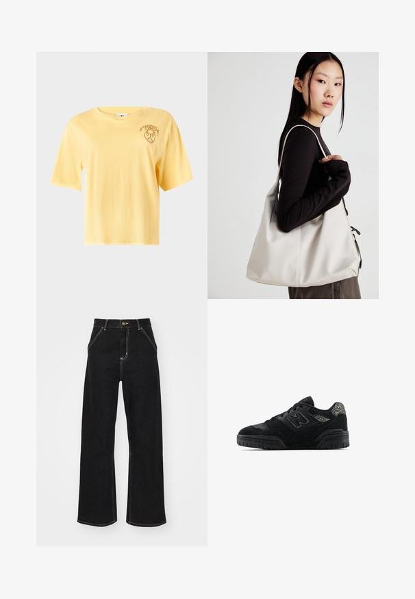 Gelbes Baumwoll-T-Shirt mit kurzen Ärmeln, rundem Halsausschnitt und einem bedruckten Grafikdesign im linken Brustbereich. Glatte Textur, lässige Passform.; Schwarze weit geschnittene Jeans aus Denim, mit kontrastierenden weißen Nähten und einem vorderen Knopfverschluss, ausgestattet mit zwei schrägen Fronttaschen.; Schwarze Low-Top-Sneaker mit strukturiertem Sohlen, Schnürdesign, Wildlederpaneelen und gemusterten Akzenten an der Ferse sowie am Seitenlogo.; Beige Handtasche aus weichem Material, mit einem lässigen Design, gesteppten Details und zwei Schulterriemen. Geeignet für den täglichen Gebrauch.