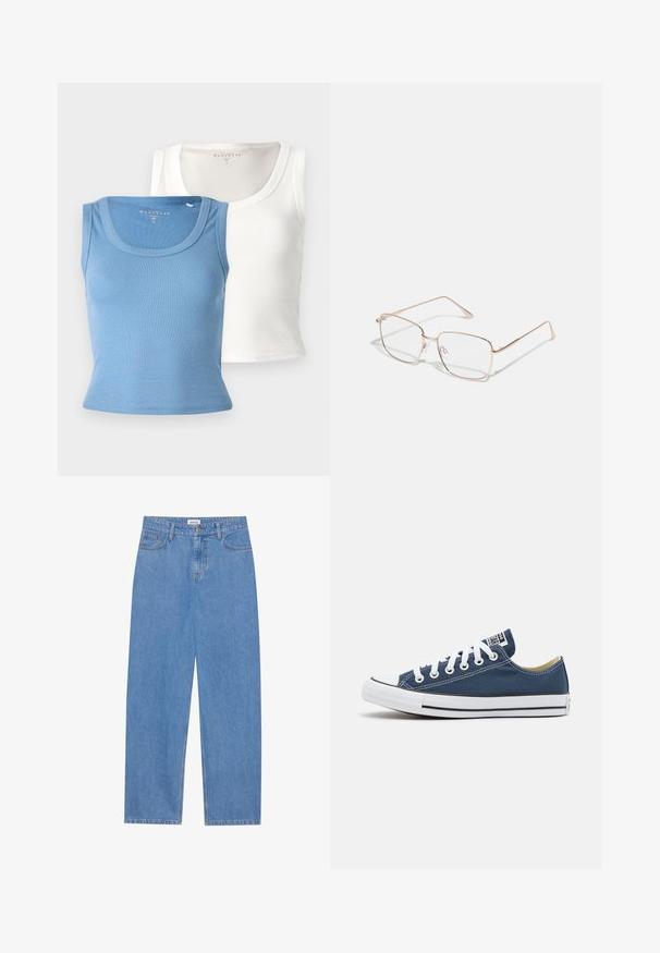 Two ribbed tank tops: one light blue and one white. Each features a rounded neckline and a fitted silhouette, emphasizing the fabric's texture.; Light blue denim jeans with a straight cut, five-pocket design, single button closure, and subtle stitching details on the seams.; Canvas sneaker in navy blue with white eyelets and laces, featuring a white rubber toe cap and a black stripe along the sole.; Rectangular glasses with thin, rose gold metal frames. The lenses are clear, and the temples are slender with a subtle hinge detail.