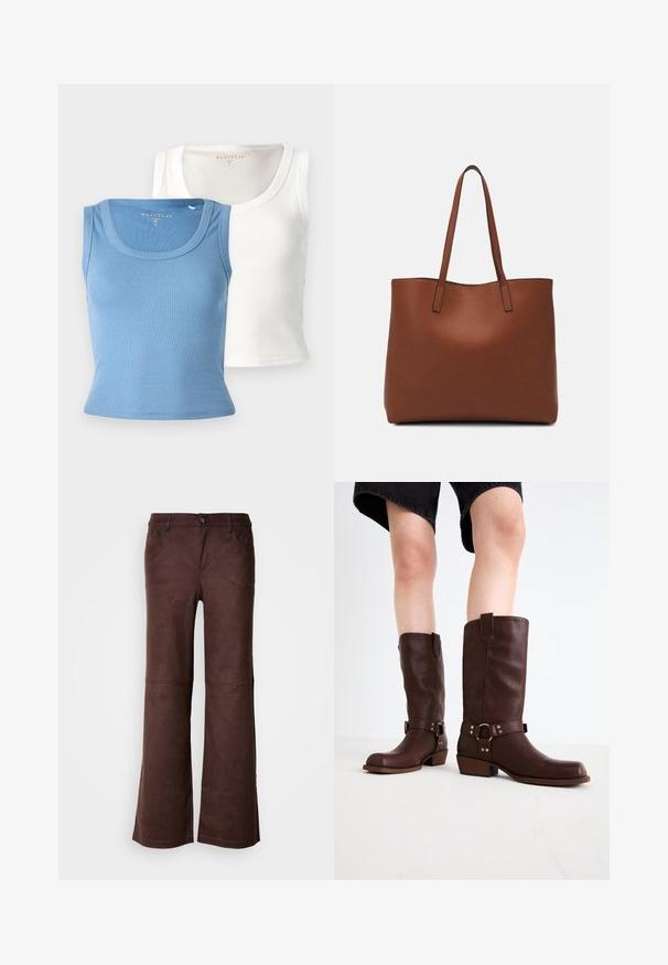 To ribbet tanktopper: en lys blå og en hvit. Hver av dem har en rund halslinje og en tilpasset silhuett som fremhever stoffets tekstur.; Brune flare bukser i et blødt, suede-lignende stof. Har fire lommer, en knaplukning og en glat, tekstureret overflade.; Brune lærknesko med rund tå, teksturert overflate, ankelrem og detaljer i sølv; stablet hæl.; Brun lær tote veske med en jevn tekstur, åpen toppdesign og to skulderstropper. Har minimal søm og ingen synlige spiker.
