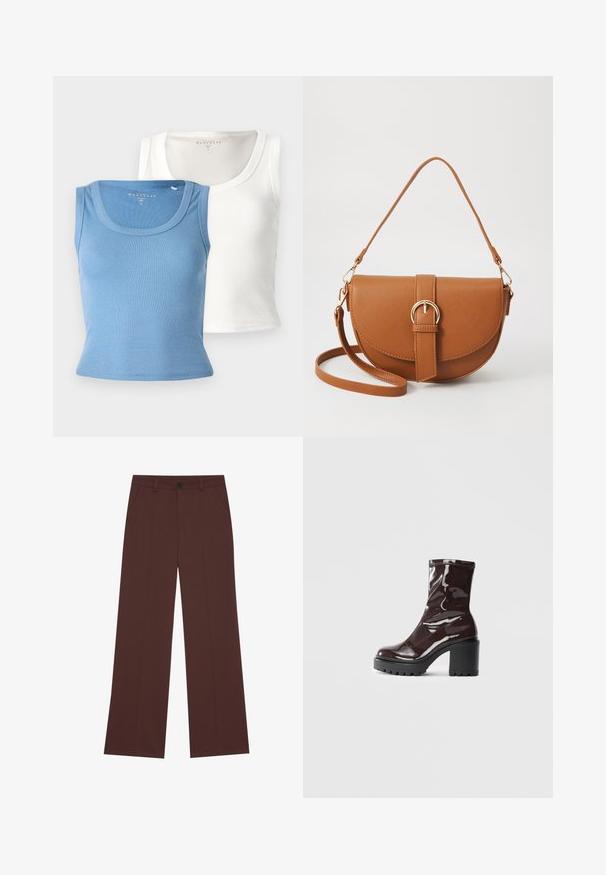 Kaksi ribattyä hihattomaa paitaa: yksi vaaleansinisellä ja toinen valkoisella. Molemmissa on pyöreä pääntie ja tiukka muotoilu, joka korostaa kankaan rakennetta.; Housut, joissa on leveät lahkeet, valmistettu rikkaasta ruskeasta kankaasta. Ominaisuuksiin kuuluu nappisulku, kaksi etutaskua, sileä pinta ja siistit linjat.; Satea bordeaux berwarna mengkilap dengan tumit hitam tebal, menampilkan tekstur halus dan desain sederhana. Tanpa pengikat atau pola yang terlihat.; Ruskean nahkainen olkalaukku, jossa on kaareva muoto, kultaiset yksityiskohdat ja solkiyksityiskohta. Varustettu irrotettavalla olkahihnalla.