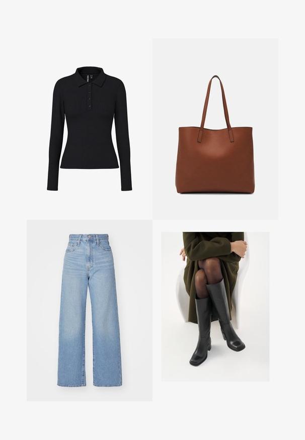 Black ribbed long-sleeve polo shirt featuring a collar, three-button placket, and a fitted silhouette. Stretchy fabric with slight texture.; Light blue high-waist wide-leg jeans with front button and zip closure, front and back pockets, on a white background.; Knee-high black leather boots with a squared toe and block heel, shown with a model seated in an olive green coat. Smooth texture, minimal detailing.; Brown leather tote bag with a smooth texture, open top design, and two shoulder straps. Features minimal stitching and no visible hardware.