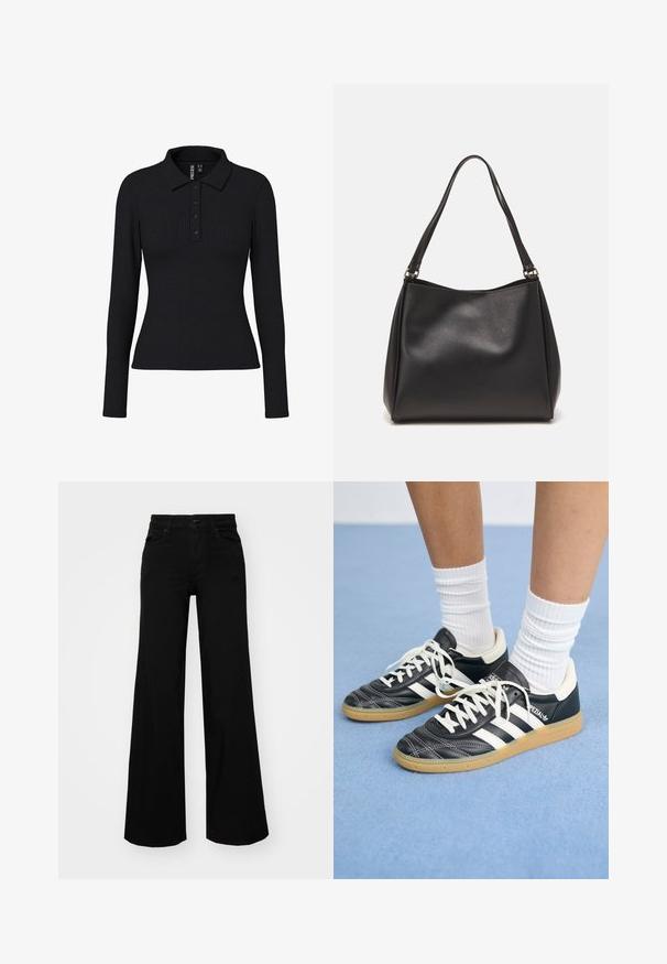Black ribbed long-sleeve polo shirt featuring a collar, three-button placket, and a fitted silhouette. Stretchy fabric with slight texture.; Black wide-leg pants made of denim, featuring a structured waistband, belt loops, and front pockets. Smooth texture with a classic design.; Black leather sneakers with white stripes, round toe, white laces, and gum rubber sole. Accentuated by padded collar and branding details.; Black synthetic leather handbag with a soft texture, hobo shape, and dual shoulder straps; features a glossy finish and minimalistic design.