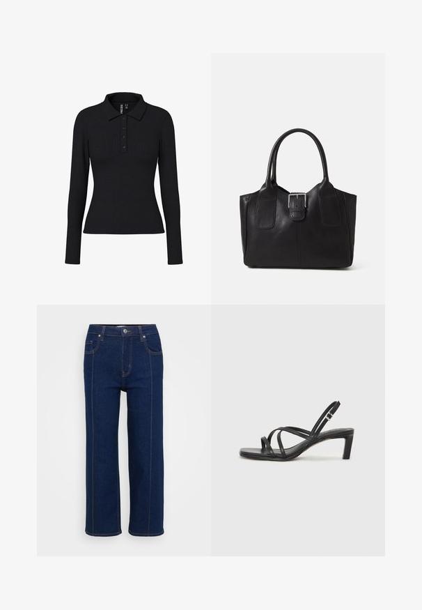 Black ribbed long-sleeve polo shirt featuring a collar, three-button placket, and a fitted silhouette. Stretchy fabric with slight texture.; Dark blue straight-leg jeans with button closure, front and back pockets, and visible orange stitching along seams.; Black strappy sandal with a square toe and a low block heel. Features multiple thin straps and an adjustable ankle strap. Made of smooth leather.; Black leather tote bag with smooth texture, structured shape, two handles, and a prominent silver buckle detail on the front.