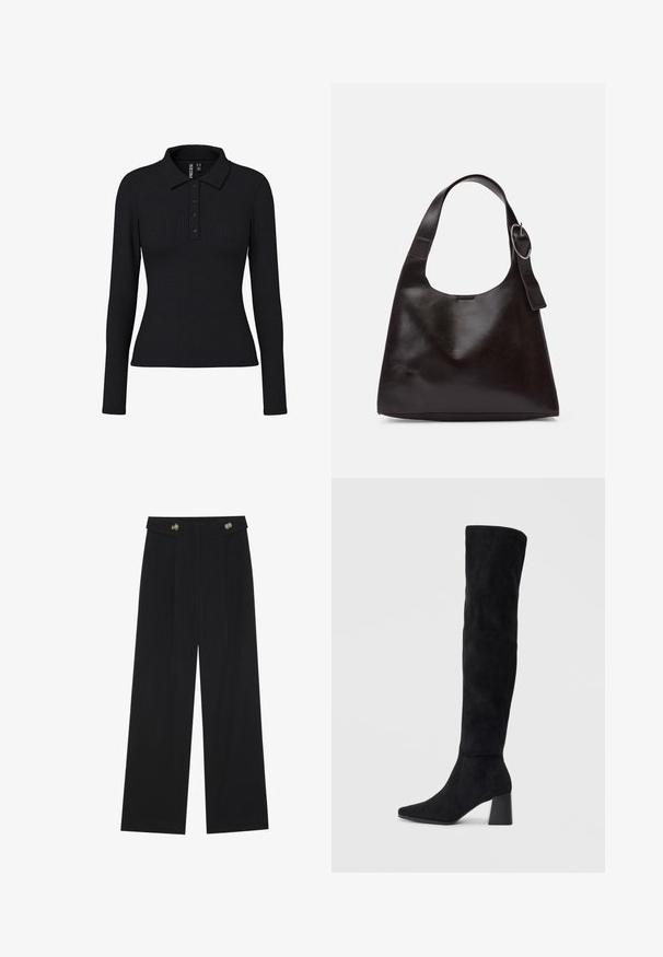 Juodas dygliuotas ilgomis rankovėmis polo marškinėliai su apykakle, trimis mygtukais ir prigludusia siluetu. Tampri medžiaga su šiek tiek tekstūros.; Juodi plačios kojos kelnės su aukštu liemeniu, sagų detalėmis ant liemens ir priekinėmis raukšlėmis.; Juoda zomšinė kelio ilgio batai su blokuotu kulnu, smailiu nosiu ir lygiu, be siūlių dizainu ant paprastos šviesios fono.; Ruda odinė petinė kuprinė su lygiu paviršiumi, apvalia forma, plačia juosta ir apvaliu metaliniu akcentu ant rankenos.