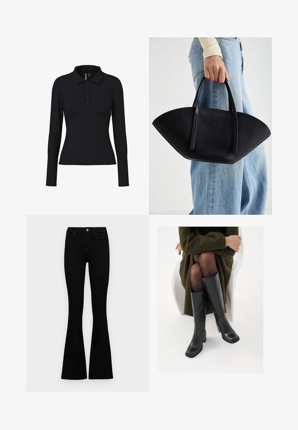 Camisa polo de manga longa preta, com nervuras, apresentando um colarinho, placket de três botões e um silhueta ajustada. Tecido elástico com leve textura.; Jeans pretos de cintura alta com fecho de botão e zíper, bolsos frontais e pernas largas dispostos em cima de um fundo branco.; Botas de couro pretas até ao joelho com biqueira quadrada e salto em bloco, apresentadas com um modelo sentado num casaco verde-azeitona. Textura lisa, com detalhes mínimos.; Bolsa de mão em couro preto com uma forma única em leque, apresentando alças planas. A superfície tem uma textura pebble e um design minimalista.
