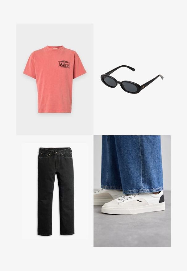 Lyhythihainen korallinvärinen t-paita, jossa pyöreä pääntie ja musta graafinen printti, jossa lukee "Aries" vasemmassa rinnassa. Pehmeää puuvillakangasta, rento istuvuus.; Mustat suorat farkut viidellä taskulla, vyölenkeillä ja napitusvyöllä, asetettuina tasaisesti valkoista taustaa vasten.; Valkoiset ja mustat tennarit, joissa on sileä nahkapäällinen, tekstuuriakcentit ja paksu valkoinen pohja. Varustettu klassisella nauhakiinnityksellä.; Mustat ylisuuruiset aurinkolasit, jotka ovat soikeat linssit, sileä muovikehys ja kultaiset korostukset temppeleissä. Tummat linssit tarjoavat suojaa auringolta.