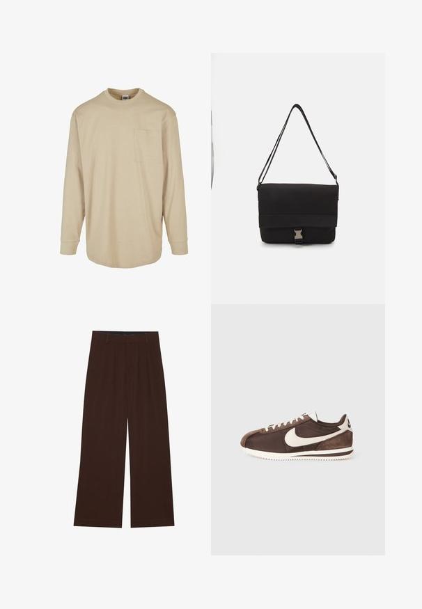 Beige Langarm-T-Shirt aus Baumwolle. Mit Rundhalsausschnitt, einer linken Brusttasche und normaler Passform mit gefütterten Bündchen.; Braune weite Hosen mit Falten. Aus einem glatten Stoff gefertigt, mit einem taillierten Bund und seitlichen Taschen. Flacher Saum am Boden.; Brauner Sneaker aus einer Mischung von Wildleder und Canvas-Materialien, mit einem weißen Nike-Swoosh-Logo und einer strukturierten Gummisohle.; Schwarze Umhängetasche aus glattem Material, mit einem umklappbaren Deckel, silbernem Verschluss und verstellbarem Schultergurt.