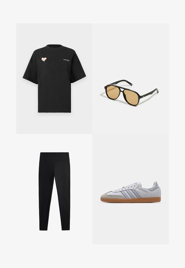 Černé bavlněné tričko s krátkým rukávem, kulatým výstřihem, s růžovým srdíčkem a textem "PEGAADOR" na přední straně.; Černé legíny vyrobené z hladkého, elastického materiálu. Mají široký pas a zúžený střih nohavic, vhodné pro aktivní nebo volnočasové nošení.; Bílé kožené tenisky s světle modrými akcenty, šedým semišovým špičkou a hnědou gumovou podrážkou. Obsahují tři modré pruhy a branding "Samba".; Černé sluneční brýle s hnědými tónovanými čočkami; obdélníkový tvar s tlustým rámem, včetně jemných kovových akcentů na stranách.