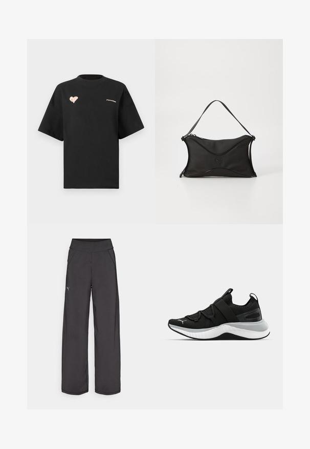 Mustast puuvillast t-särgist lühikeste varrukatega, ümar kaelus, esiotsal roosa südame graafika ja "PEGAADOR" tekst.; Mustad musta värvi sportliku lõikega püksid, laia vöökohaga, küljetaskutega ja lapikutest õmblustest. Vasakul säärel on väike logo. Valmistatud siledast ja venivast kangast.; Must have tekstuuriga ülemise osaga mustad spordijalatsid, elastsete rihmade ja paksu valge vaheosaga. Omab halli aktsenti talla ääres.; Must mustra pehmeast, tekstureeritud materjalist must käekott. Omab lainelist disaini, ühte õlavarre rihma ning diskreetset logo detaili ees.