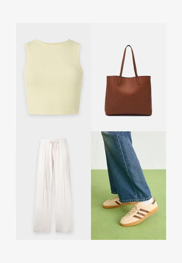 Top crop amarillo claro con relieve, de cuello redondo, sin mangas y con un diseño ajustado. Textura suave con una tela de punto transpirable.; Pantalones de chándal de color beige claro, confeccionados en tejido suave, que cuentan con una cintura con cordón, piernas anchas y costuras verticales, con una textura lisa.; Zapatillas beige con paneles de crema texturizados y rayas marrones, combinadas con unos jeans de mezclilla azul. Los jeans tienen un corte de pierna ancha y dobladillo deshilachado.; Bolso tote de cuero marrón con una textura suave, diseño de apertura superior y dos correas para el hombro. Presenta una costura mínima y sin herrajes visibles.