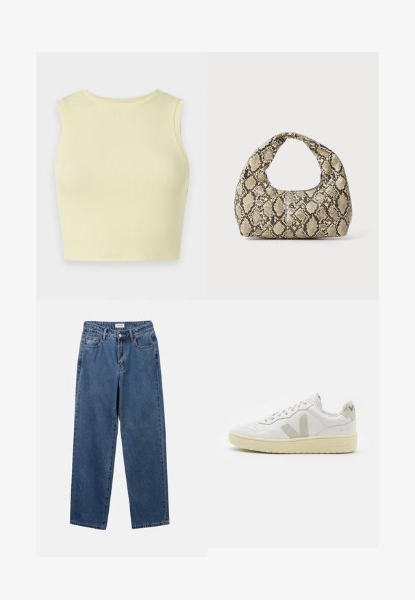 Top corto a coste di colore giallo chiaro, con scollo rotondo, senza maniche e dal design aderente. Tessuto liscio con un materiale lavorato a maglia traspirante.; Jeans in denim blu classico con design a gamba dritta, cinque tasche e chiusura con bottone. Presentano un lavaggio medio e una trama robusta.; Sneaker in pelle bianca con dettagli in suede beige, punta perforata, lacci piatti e suola testurizzata color crema. Presenta un logo discreto sul tallone.; Borsa a stampa rettile con manico curvo. Realizzata in materiali testurizzati beige e marroni, presenta un distintivo motivo a rombi.