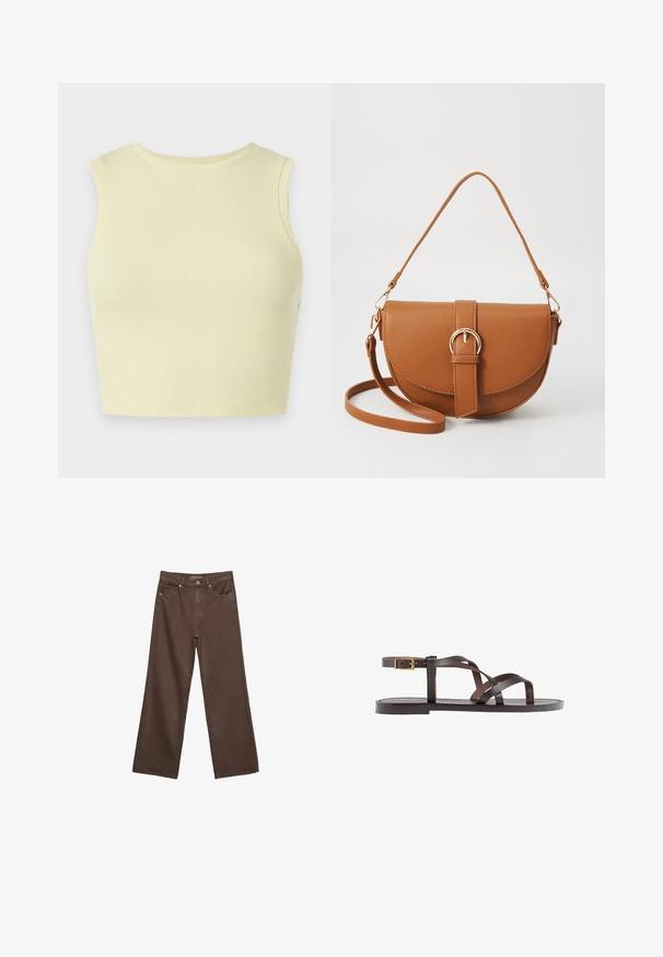 Svetlo rumena rebrasta kratka majica s okroglim izrezom, brez rokavov in prilegajočim dizajnom. Gladka tekstura z zračno pletenino.; Široke rjave kavbojke iz denima, ki imajo visok pas, sprednje žepe in klasično zapiranje na gumb. Gladka tekstura s subtilnim šivom.; Rjav usnjen sandal z načinom prečnega črta, zaklepom okoli gležnja in ravnim podplatom z minimalnimi šivi.; Rjava usnjena torbica prek telesa s ukrivljeno obliko, zlate opreme in sponko. Ima odstranljiv naramni trak.