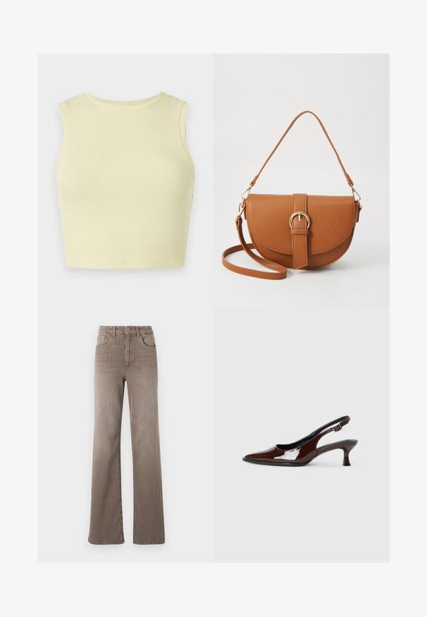 Helles gelbes geripptes Crop-Top mit rundem Halsausschnitt, ohne Ärmel und einer enganliegenden Passform. Weiche Textur aus einem atmungsaktiven Strickstoff.; Braune hoch taillierte Straight-Leg-Jeans mit vorderem Knopf, Gürtelschlaufen und klassischem Fünf-Taschen-Design auf weißem Hintergrund.; Braune Lackleder-Slingback-Schuhe mit spitzer Zehe und moderatem Absatz. Mit einem Schnallenriemen für einen sicheren Sitz. Glatte Textur.; Braune Leder-Crossbody-Tasche mit geschwungener Form, goldfarbenen Beschlägen und einer Schnallenakzentuierung. Verfügt über einen abnehmbaren Schultergurt.