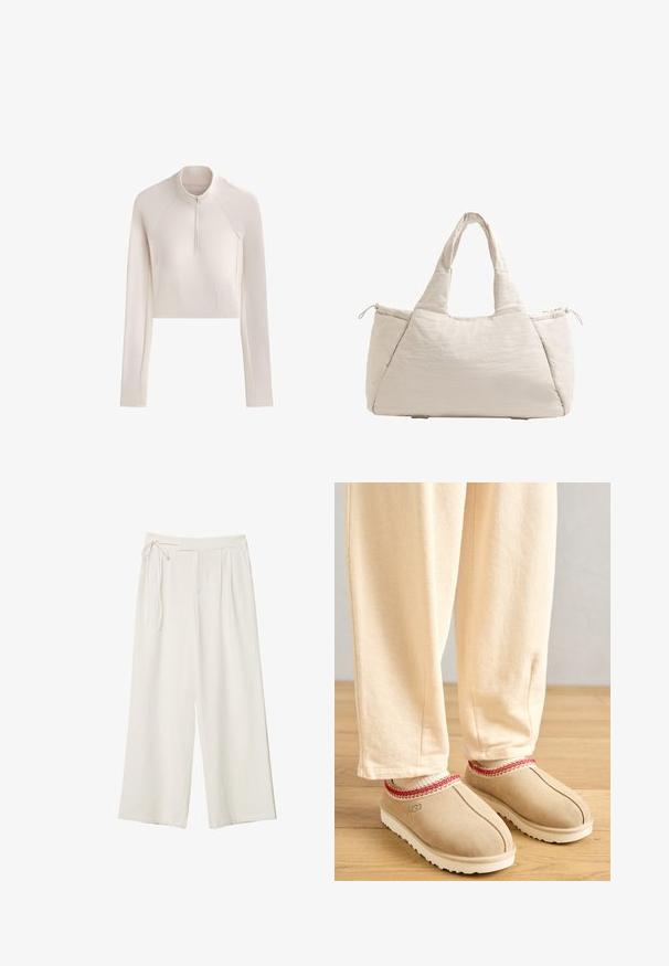 Dolga rokava, svetlo bež kratka majica s polným zadrgo spredaj in rebrastimi teksturnimi paneli na straneh in rokavih.; Široke hlače iz off-white tkanine z gladko teksturo. Imajo zavezan pas in nagubano sprednjo stran, zasnovane za sproščen fit.; Svetlosmeđi gamine s rdečim dekorativnim robom in belim gumijastim podplatom, v kombinaciji s svetlobezžnimi hlačami, postavljeni na lesene tla.; Bežna kvačena torba s dvema ročajema, zaobljena oblika, teksturirana tkanina in žep na vrvico na strani. Gladka površina, minimalisticni dizajn.