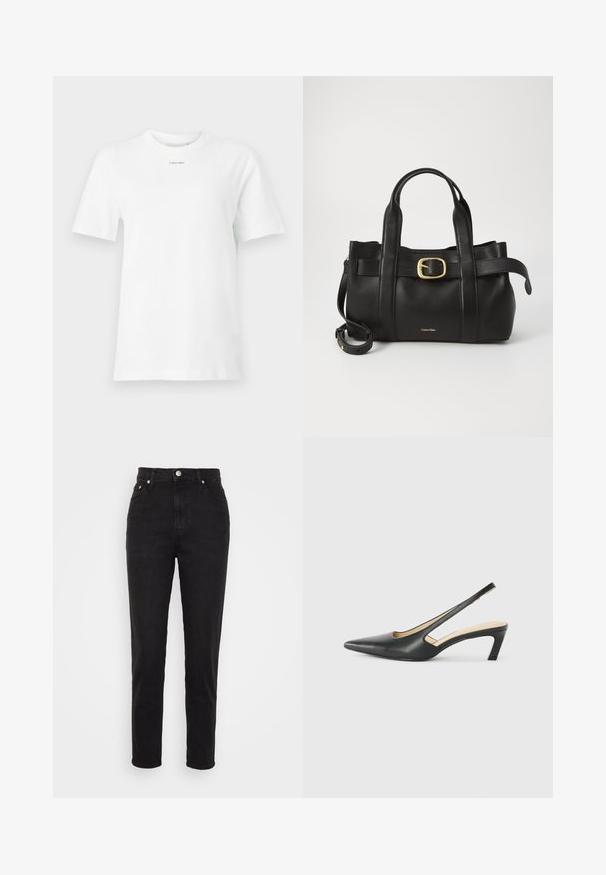 Een witte katoenen t-shirt met een ronde hals, korte mouwen en een klein zwart "Calvin Klein" logo op de borst. Eenvoudig ontwerp, geen patronen.; Zwarte high-waist slim-fit jeans met knoop aan de voorkant, riemlussen en vijf-pocketontwerp op een witte achtergrond.; Zwarte puntige slingback schoen met een lage hak, gemaakt van soepel leer en voorzien van een uitsnede aan de zijkant voor ventilatie.; Zwarte leren handtas met een gestructureerd ontwerp, dubbele handgrepen aan de bovenkant, een gouden gespaccent en een geperst merklogo aan de voorkant.