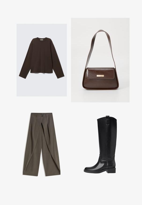 Braunes Langarmshirt aus weichem Stoff, mit Rundhalsausschnitt und lockerer Passform, im schlichten Design ohne zusätzliche Muster oder Verzierungen.; Weite Hosen aus einem strukturierten, dunkelgrauen Stoff. Mit einer vorderen Faltenlegung, Knopfverschluss und praktischen Seitentaschen ausgestattet.; Schwarze kniehohe Stiefel aus glattem synthetischen Material. Verfügt über eine abgerundete Zehenpartie, einen niedrigen Blockabsatz und vertikale Nähte.; Braune Lederschultertasche mit strukturierter Form, ausgestattet mit einem magnetischen Klappenverschluss und einem metallischen Logoakzent auf der Vorderseite.
