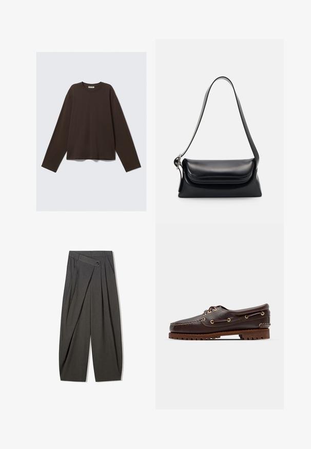 Cămașă lungă cu mâneci, de culoare maro, dintr-un material moale, cu guler rotund și croi lejer, având un design simplu, fără modele sau detalii suplimentare.; Pantaloni gri plisati cu talie înaltă, având închidere cu nasture și design larg. Confecționați dintr-un material țesut neted.; Șlapi de punt pe culoare maro din piele, cu ochiuri aurii, șireturi rotunde și o talpă texturată din cauciuc maro. Prezintă detalii cusute și un logo ridicat.; Geantă de mână din piele neagră cu o formă structurată, o textură netedă și o singură curea de umăr. Are un design subtil cu clapetă rotunjită.