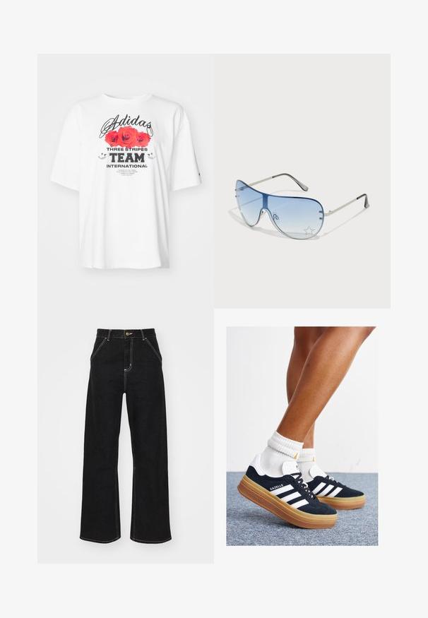Bílý bavlněný tričko s růžovými grafikami růží, logem "Adidas" a tučným textem "TEAM INTERNATIONAL" v kontrastních barvách. Krátké rukávy a volný střih.; Černé široké džínsy vyrobené z denimu, s kontrastním bílým prošitím a předním zapínáním na knoflík, se dvěma šikmými předními kapsami.; Černé semišové tenisky s bílými pruhy a detaily, zaoblenou špičkou, podrážkou z gumy barvy žvýkačky, doplněné bílými žebrovanými ponožkami ke kotníkům.; Pilotské sluneční brýle s modrými gradientními skly, stříbrným kovovým rámem a dekorativními hvězdnými akcenty na sklech. Hladký a elegantní design.