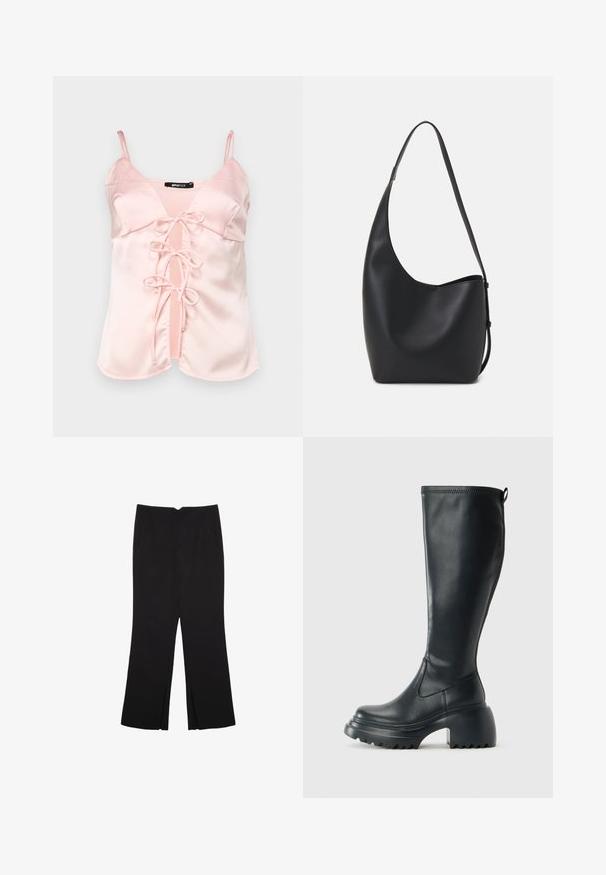 Ružový saténový top s nastaviteľnými ramienkami, ktorý má predné viazanie s slučkami a V-čkový výstrih. Hladká textúra a čisté línie.; Čierne nohavice so strihom rovného strihu, s prednými vreckami a bočnými rozparkami na leme. Vyrobené z mäkkej, hladkej tkaniny. Vhodné na rôzne príležitosti.; Vysoká čierna kožená čižma s masívnou platformou a blokovým podpätkom, s praktickým pútkom a textúrovaným vzorom na podošve.; Čierna kožená hobo taška so hladkou textúrou, zakriveným tvarom a jedným nastaviteľným popruhom; má široké otvorenie na vrchu.