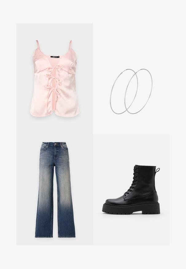 Rožinė satino kemzė su reguliuojamomis spaghetti petnešomis, turinti priekinį užsegimą su kilputėmis ir V formos iškirpte. Lygus paviršius ir švarios linijos.; Aukštai juosmenio plačios kojų džinsai šviesiai mėlynos iki tamsiai mėlynos džinsinio audinio su nublukimu, su mygtukų užsegimu ir diržo kilpomis. Švarus apdaila ir jokių matomų dekoracijų.; Juodos odinės aulinukės su apvalia nosimi, raišteliais priekyje ir storesniu guminio pado apačioje su tekstūruotu raštu. Priekyje yra kilputė.; Sidabrinės pusmėnulio auskarai minimalistiniu dizainu. Apskritimo forma, lygus paviršius ir plonas profilis. Lengvi su poliruotu apdailu.