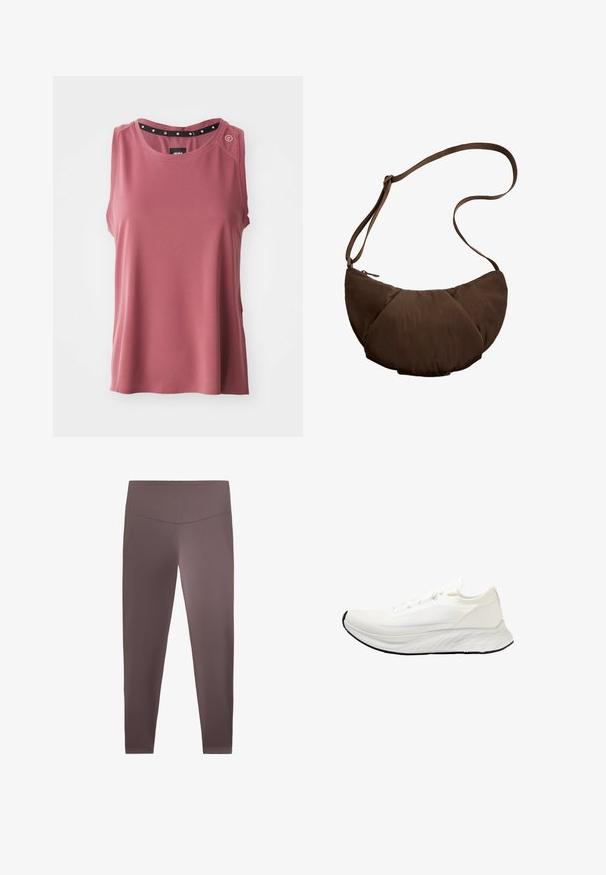 Top brez rokavov v rožnato roza barvi, izdelan iz teksturirane tkanine. Ima okroglo ovratnico z črnimi poudarki in dekorativnimi gumbi na rami.; Rjava legginga z gladko in raztegljivo teksturo ter visokim pasom. Imajo prilegajoč obliko, ki sega do gležnjev. Brez vidnih vzorcev.; Bela tekaška obuvala z mrežasto zgornjim delom, lahko zasnovo, gladkim zaobljenim podplatom in črnim gumijastim podplatom. Ima ravne vezalke in minimalne okraske.; Rjava, oblazinjena torba z naramnicami in ukrivljeno obliko, ki ima zadrgo in nastavljiv pas za vsestranske možnosti nošenja.