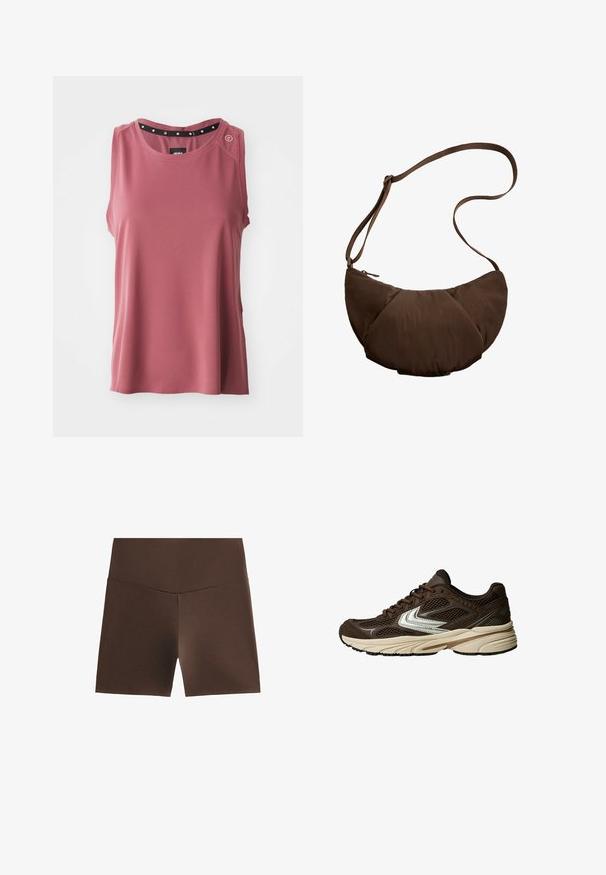 Ärmlös topp i rosarosa, tillverkad av strukturerad tyg. Har en rund hals med ett svart accentband och dekorativa knappar på axeln.; Bruna träningsshorts med hög midja, tillverkade av stretchigt material, med en jämn textur och enkel design utan mönster.; Brun atletisk sko med meshpaneler, en vit accentdesign, en dämpad gummisula och en strukturerad textilovandel för andningsförmåga.; Brun, vadderad axelväska med en böjd form, utrustad med dragkedjestängning och justerbart band för mångsidiga bäralternativ.