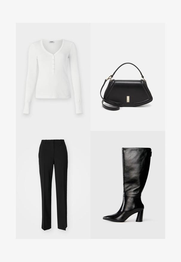 Witte long-sleeve geribde henley top met een V-hals en een knoopsluiting van vijf knopen. Heeft fitted manchetten en een gladde textuur.; Zwarte op maat gemaakte broek met een recht model, voorzien van een soepele textuur en scherpe plooien aan de voorkant. Geen zichtbare hardware.; Zwart leren laars tot de knie met een puntige neus, gladde textuur en een chunky hak. Bevat een ritsdetail aan de achterkant.; Zwarte leren handtas met een gestructureerd ontwerp, featuring een verkorte vorm, bovenhandvat en gouden hardwareaccent. Inclusief verstelbare schouderband.