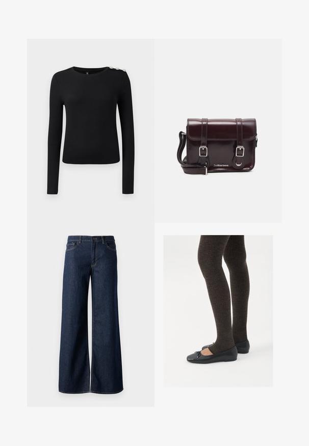 Čierny dlhý rukáv ribbený top s okrúhlym výstrihom a tromi dekoračnými gombíkmi na ľavom pleci, vystavený na jednoduchom pozadí.; Džínsy s širokými nohavicami v tmavomodrom denime. Obsahujú kontrastné prešívanie, päť vreciek a gombíkový zips v oblasti pása. Hladká textúra.; Čierne ploché topánky s malou mašľou na špičke, v kombinácii s tmavohnedými rebrovanými pančuchami. Topánky majú hladký povrch a nízky profil.; Krikvová lakovaná kožená crossbody taška s obdĺžnikovým tvarom, dvoma popruhmi, striebornými doplnkami a prednou klapkou.