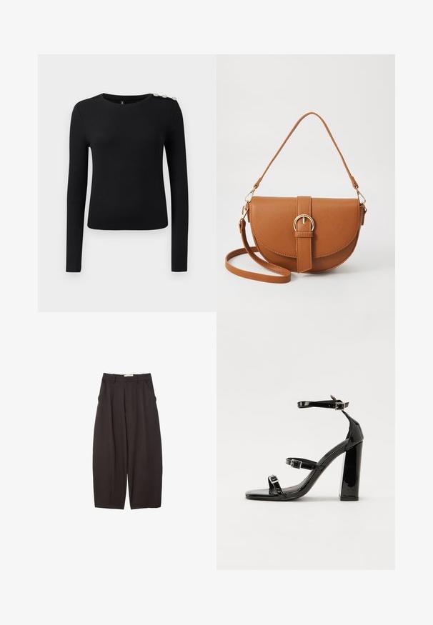 Black long-sleeve ribbed top with round neckline and three decorative buttons on left shoulder, displayed on plain background.; Black wide-leg trousers made from a smooth fabric, featuring a high waist, front pleats, and side pockets. Simple design without embellishments.; Black patent high-heeled sandals with two buckle straps, square toe, and a chunky block heel, featuring a smooth, glossy texture.; Brown leather crossbody bag with a curved shape, gold hardware, and a buckle accent. Features a detachable shoulder strap.