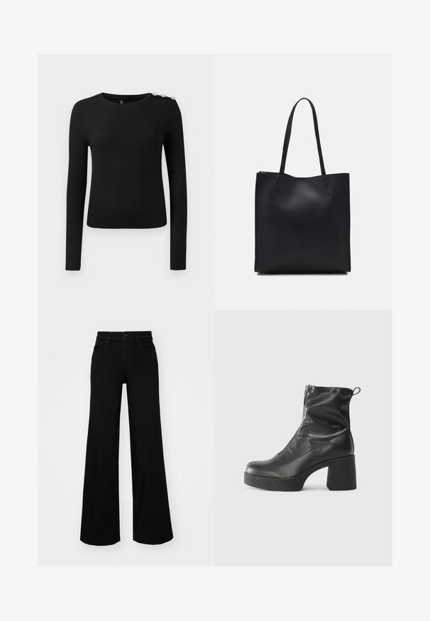 Black long-sleeve ribbed top with round neckline and three decorative buttons on left shoulder, displayed on plain background.; Black wide-leg pants made of denim, featuring a structured waistband, belt loops, and front pockets. Smooth texture with a classic design.; Black ankle boots made of smooth leather, featuring a side zipper, chunky textured heel, and rounded toe design.; Black leather tote bag with smooth texture, rectangular shape, and two long handles. No visible hardware or embellishments.