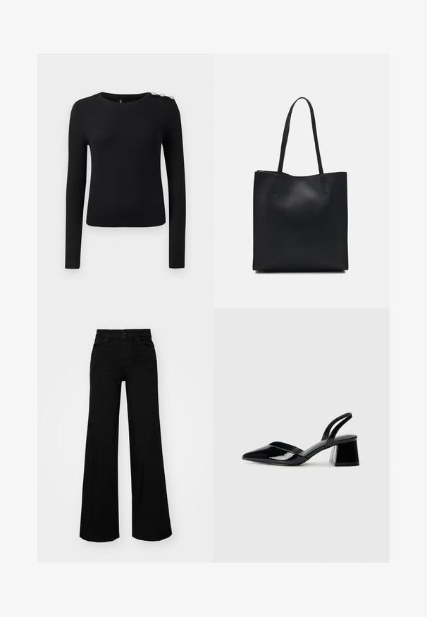 Black long-sleeve ribbed top with round neckline and three decorative buttons on left shoulder, displayed on plain background.; Black wide-leg pants made of denim, featuring a structured waistband, belt loops, and front pockets. Smooth texture with a classic design.; Black patent leather slingback heels with a pointed toe and a geometric block heel. Features a sleek, minimal design and smooth texture.; Black leather tote bag with smooth texture, rectangular shape, and two long handles. No visible hardware or embellishments.