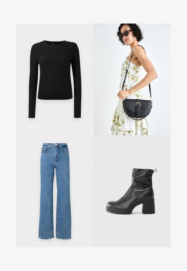 Schwarzes, langärmliges, geripptes Oberteil mit rundem Ausschnitt und drei dekorativen Knöpfen auf der linken Schulter, präsentiert vor neutralem Hintergrund.; Blaue, hoch taillierte Straight-Leg-Jeans mit kleinen, weißen Blumenstickereien, die über den Stoff verteilt sind.; Schwarze Stiefeletten aus glattem Leder mit seitlichem Reißverschluss, klobigem strukturiertem Absatz und runder Zehenform.; Schwarze Lederhandtasche mit geschwungener Form, abnehmbarem Tragegurt und goldenen Beschlägen. Die Tasche verfügt über einen Deckel mit einer Schnallen-Details.