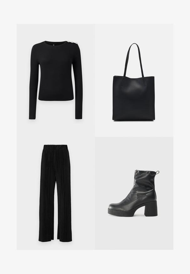 Schwarzes, langärmliges, geripptes Oberteil mit rundem Ausschnitt und drei dekorativen Knöpfen auf der linken Schulter, präsentiert vor neutralem Hintergrund.; Schwarze plissierte Hose mit elastischem Bund. Verfügt über weite Hosenbeine und einen glatten, strukturierten Stoff mit vertikalen Streifen.; Schwarze Stiefeletten aus glattem Leder mit seitlichem Reißverschluss, klobigem strukturiertem Absatz und runder Zehenform.; Schwarze Laptoptasche aus Leder mit glatter Textur, rechteckiger Form und zwei langen Griffen. Keine sichtbaren Beschläge oder Verzierungen.