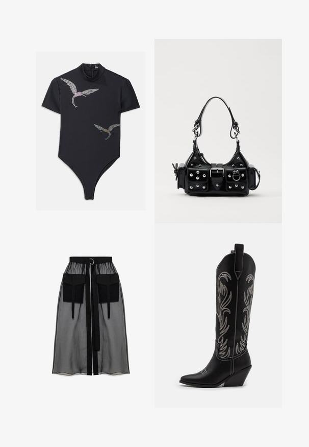 Čierny body s krátkymi rukávmi, vysokým výstrihom a zipsom. Obsahuje dekoratívne vzory vtákov s kryštálmi a ružovými a zlatými akcentmi.; Čierna priesvitná sukňa s naťahovacím pásom, ktorá má dve veľké predné vrecká, opasok na viazanie a kruhový kovový akcent.; Čierne kožené kovbojské čižmy s špicatými prstami, klinovými podpätkami a striebornými vyšívanými kvetinovými vzormi po celej dĺžke. Kontrastné šitie po celom povrchu.; Čierna kožená kabelka s zakriveným dizajnom, doplnená striebornými cvočkami, prackou a dvoma bočnými vreckami. Nastaviteľný popruh poskytuje rôzne možnosti nosenia.