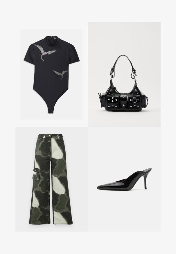 Černý body s krátkým rukávem, vysokým výstřihem a zipovým uzávěrem. Obsahuje dekorativní ptačí vzory vyseté krystaly, s růžovými a zlatými akcenty.; Široké cargo kalhoty ve tmavě zeleném a světlém šedém maskáčovém vzoru. Mají boční kapsu a kovový knoflík, vyrobeny z odolného bavlněného materiálu.; Černé lakované kožené muly na vysokém podpatku s špičatou špičkou a elegantním siluetou, s otevřenou zadní částí a štíhlým stiletto podpatkem.; Černá kožená kabelka s křivkovým designem, zdobená stříbrnými hřebíky, s přezkou a dvěma bočními kapsami. Nastavitelný popruh pro různé možnosti nošení.