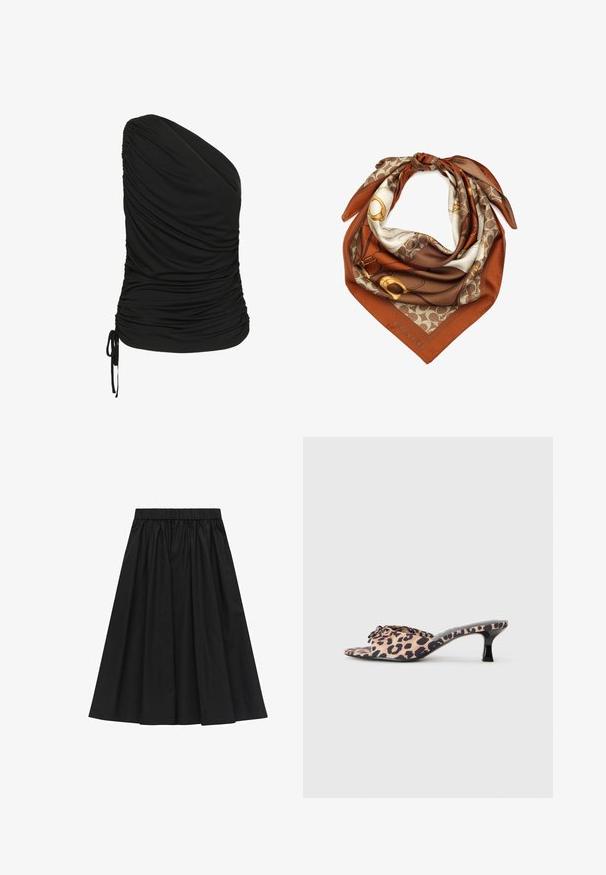 Mustat, yhdelle olalle sopivat paita, joka on valmistettu joustavasta materiaalista. Etuosassa on rypytys ja hemman kohdalla nyöritys.; Mustat, polvipituiset hameet, joissa on joustava vyötärö, teksturoitu kangas ja poimittu muotoilu, luoden tilavan ilmeen.; Lepardikuvioiset mulesit, joissa on matala musta stiletto-korko. Pehmeä kangaspinta, jossa on solmukiinnitys edessä ja sileä, tasainen pohja.; Silkkihuivi, jossa on ruskea ja kermainen kuvio kultaisilla yksityiskohdilla. Viimeistellyt reunat ja kulmassa "COACH" -merkki. Kolmio muoto.; Mustat samettiset kassi, jossa on V-muotoinen muotoilu, litteät kantokahvat ja kultainen korostusvetoketjun vetoketju. Pehmeä tuntuma, minimalistinen tyyli, eikä näkyvää metalliosaa.